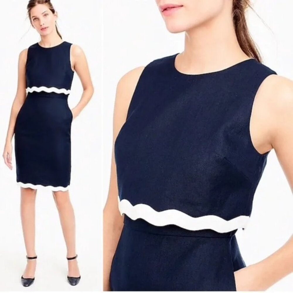 J.Crew Going-Places Linen Dress Size 2 Navy White Preppy Classic Quiet Luxury